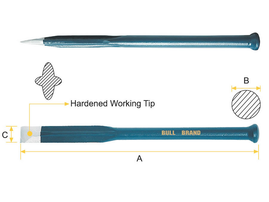 Regrindable Cold Chisel - Flat Tip, Round Shank
